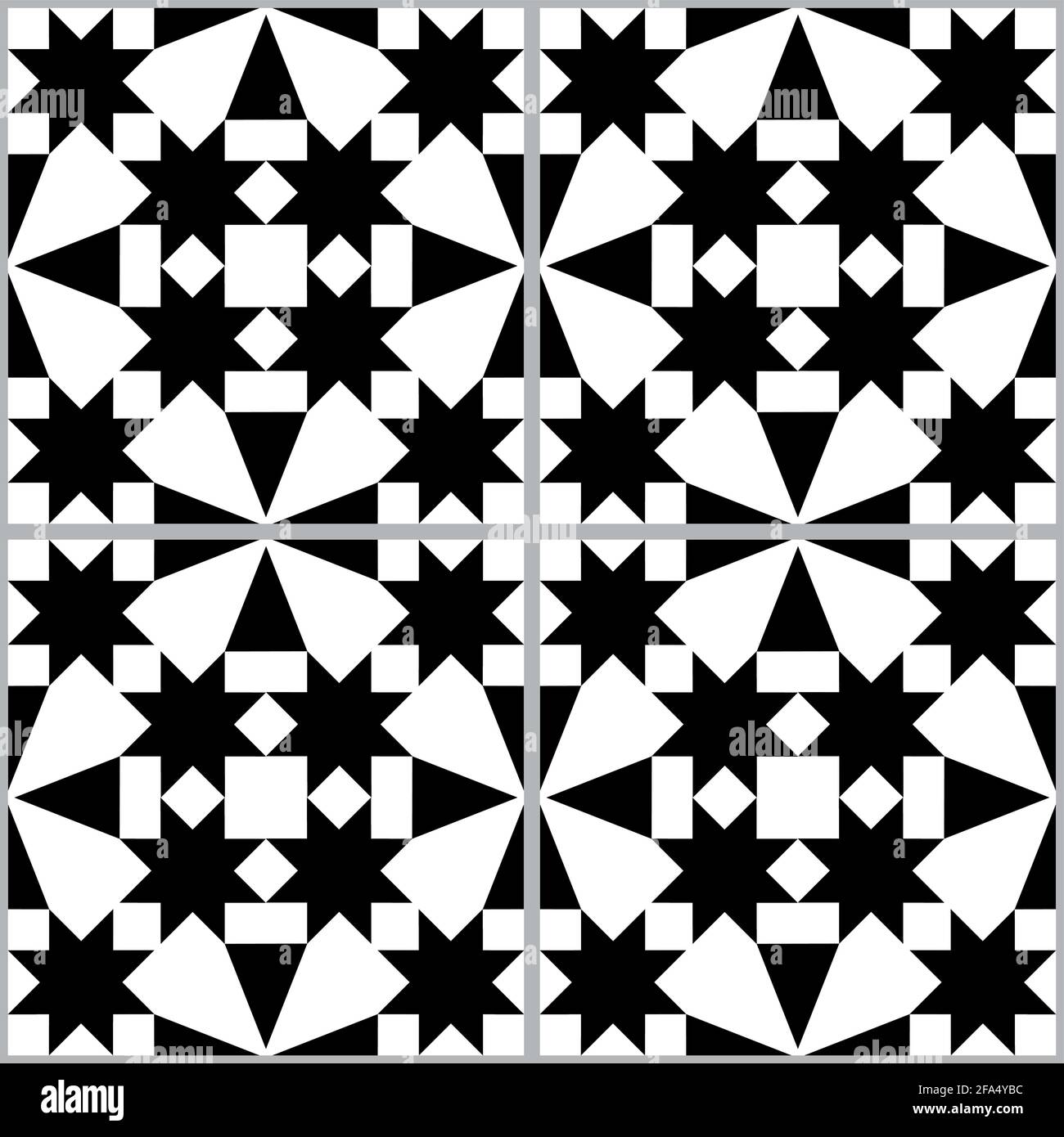 Marokkanische und türkische geometische Fliesen nahtlose Vektor-Muster, schwarz-weiß-Textil-Design mit Sternen und abstrakten Formen Stock Vektor