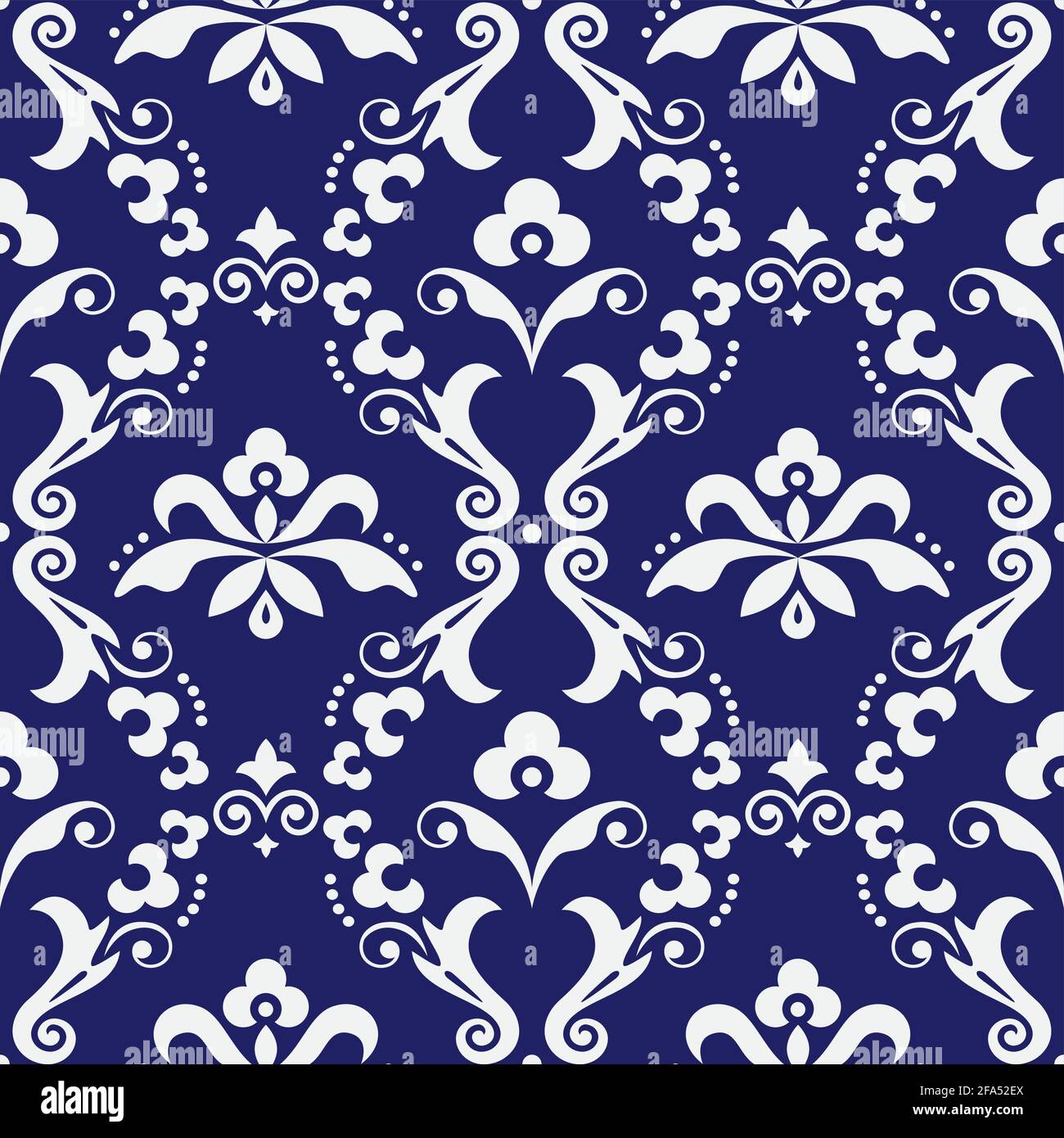 Damast Vektor nahtloses Textil- oder farbisches Druckmuster, altes viktorianisches repetitives Design mit Blumen, Wirbeln und Blättern in Weiß auf Marineblau Stock Vektor