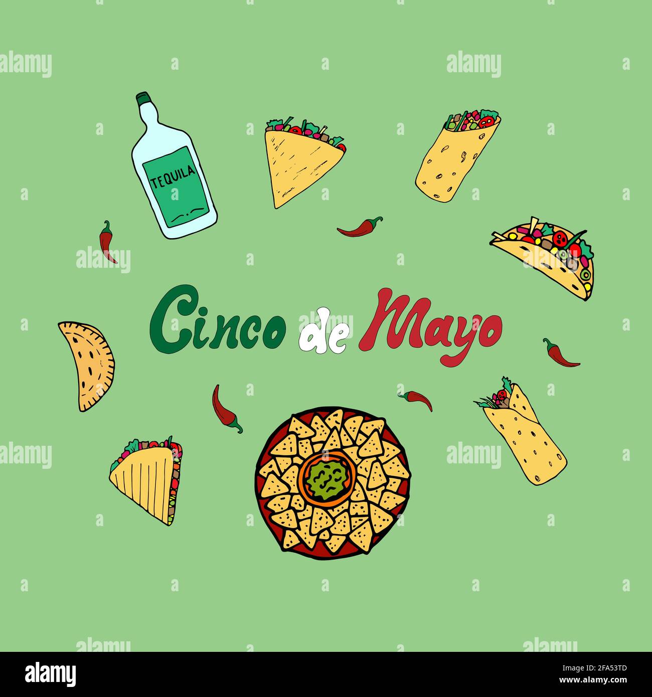 Cinco De Mayo Hintergrundvorlage für die Feier des mexikanischen Feiertags. Handgeschriebenes Schriftdesign mit handgeschriebenen mexikanischen Speisen. Vektor Stock Vektor