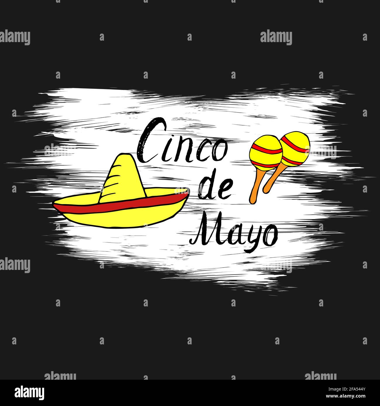 Cinco de Mayo handgeschriebenes Phrasendesign mit Schriftzügen, handgezeichnete Cartoon-Kritzeleien mit farbenfrohen Sombrero und Maracas auf weißem Grunge-Hintergrund. Vektor Stock Vektor