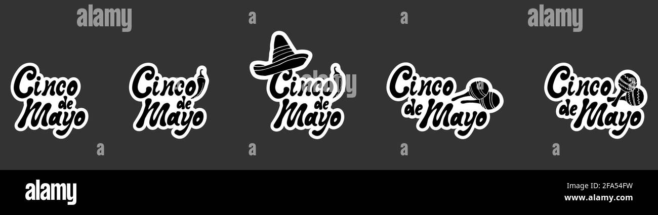 Sticker Set Cinco de Mayo handgeschriebener Schriftzug Phrase Design in schwarz-weißen Farben mit handgeschriebenen Comic-Doodles Sombrero, Maracas, Pfeffer. Stock Vektor