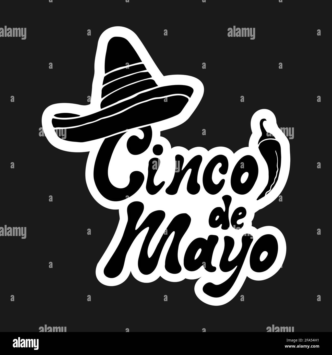 „Cinco de Mayo“-Aufkleber. Handgeschriebenes Textdesign mit handgeschriebenen Cartoon-Kritzeleien Sombrero und Pfeffer in schwarz-weißen Farben. Vektor Stock Vektor