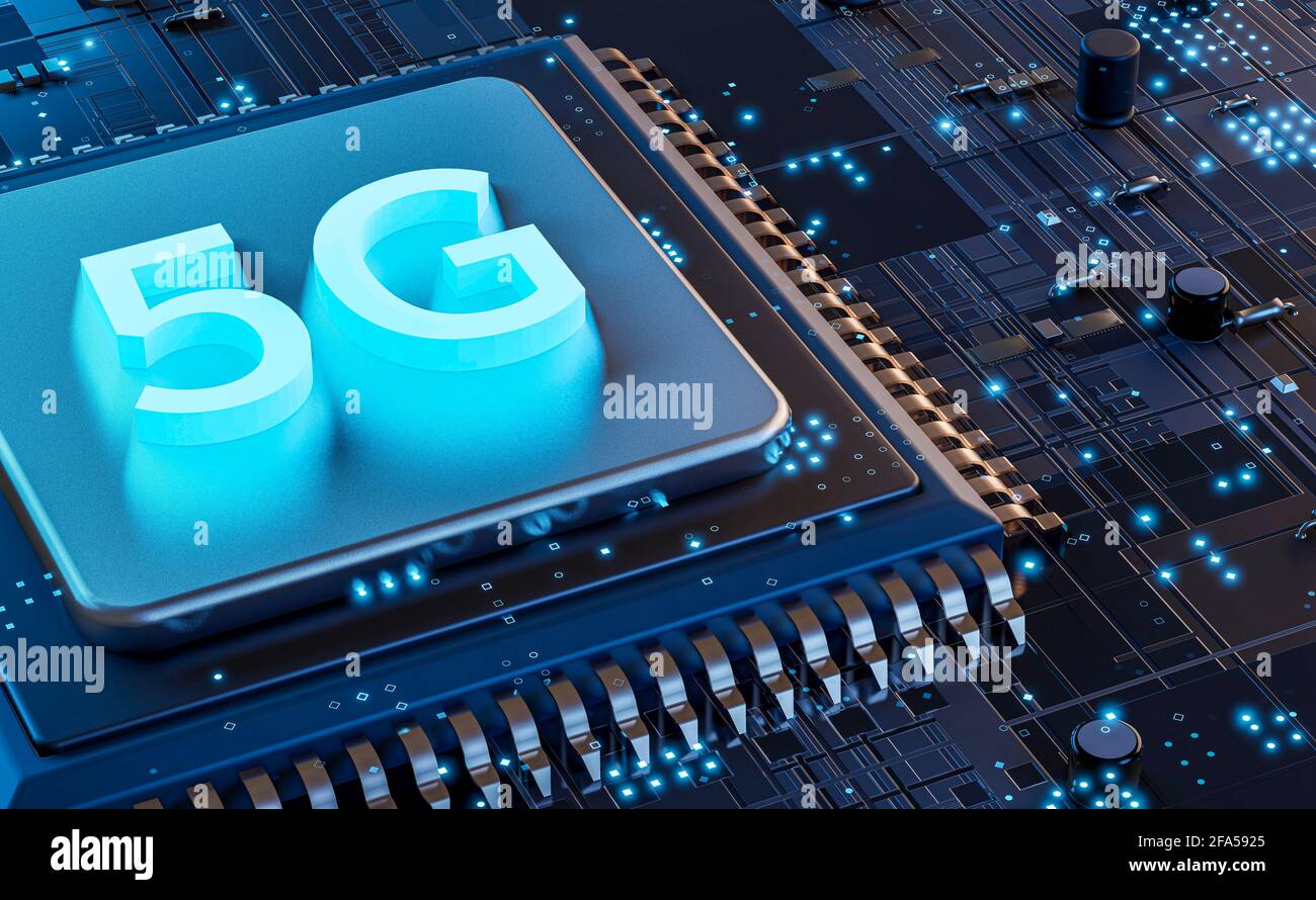 5G-Technologie Chip-Prozessor Hintergrund Leiterplatte Kommunikationstechnologie High-Speed-mobiles Internet, neue Generation von Netzwerken. Business, modern Stockfoto