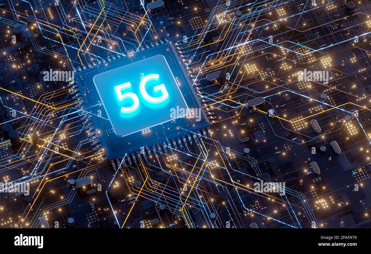 5G-Technologie Chip-Prozessor Hintergrund Leiterplatte Kommunikationstechnologie High-Speed-mobiles Internet, neue Generation von Netzwerken. Business, modern Stockfoto
