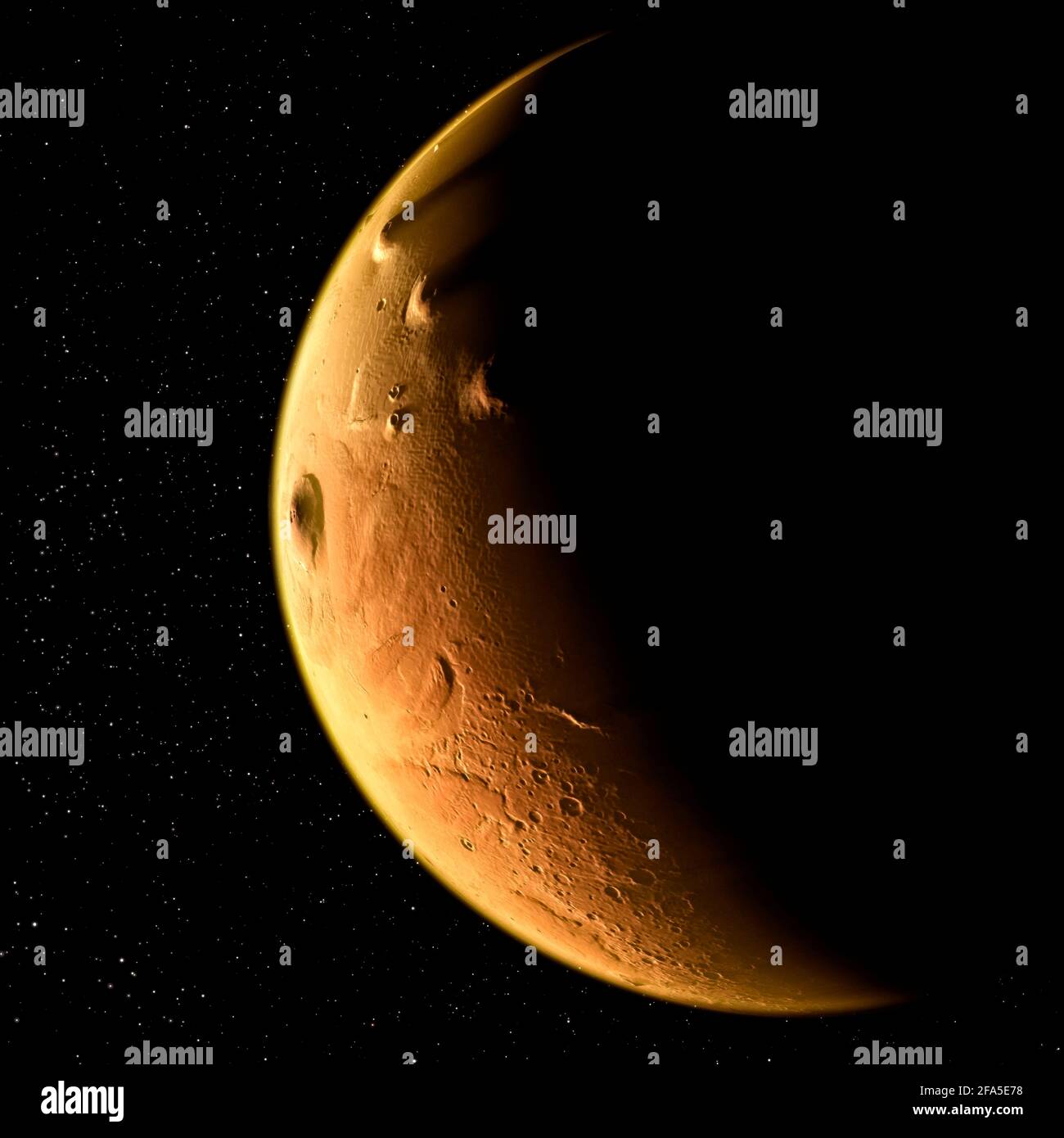 Satellitenansicht des Mars, Details und Details der Marsoberfläche. Krater Täler und Berge des roten Planeten. Stockfoto