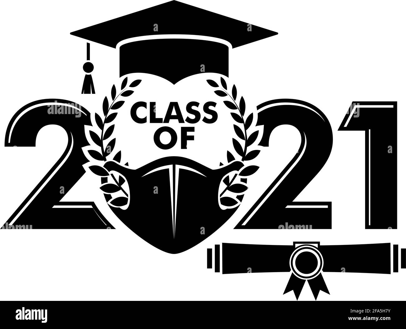 Klasse von 2021 für Begrüßung, Einladungskarte. Text für Abschlussdesign, Gratulation Event, T-Shirt, Party, High School oder College-Absolvent. Illust Stock Vektor