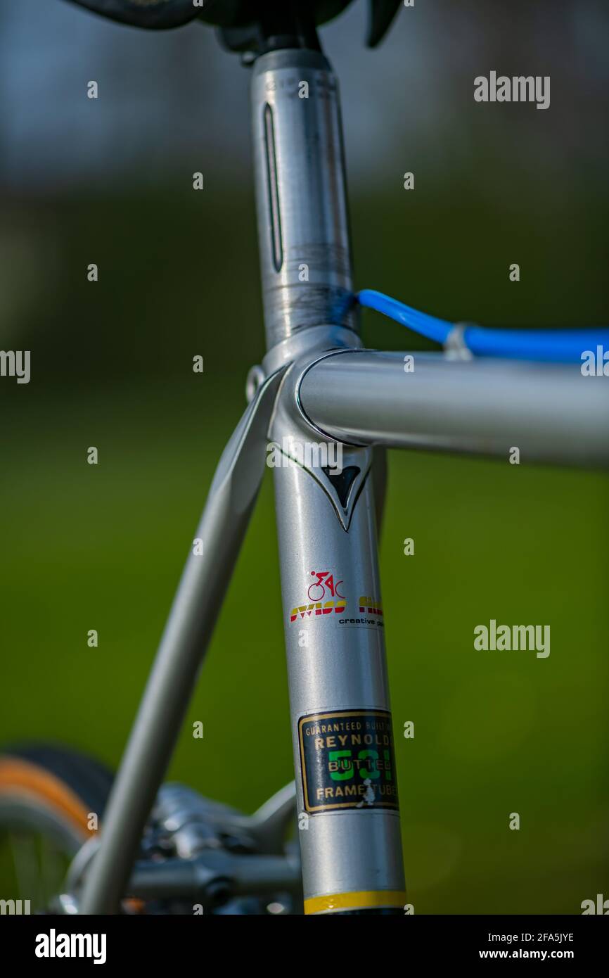 enns, österreich, 23. april 2021, Schweizer Oldtimer-Rennrad sepp fuchs aus  reynolds 531 Stahlrohr, Sitzrohr Stockfotografie - Alamy