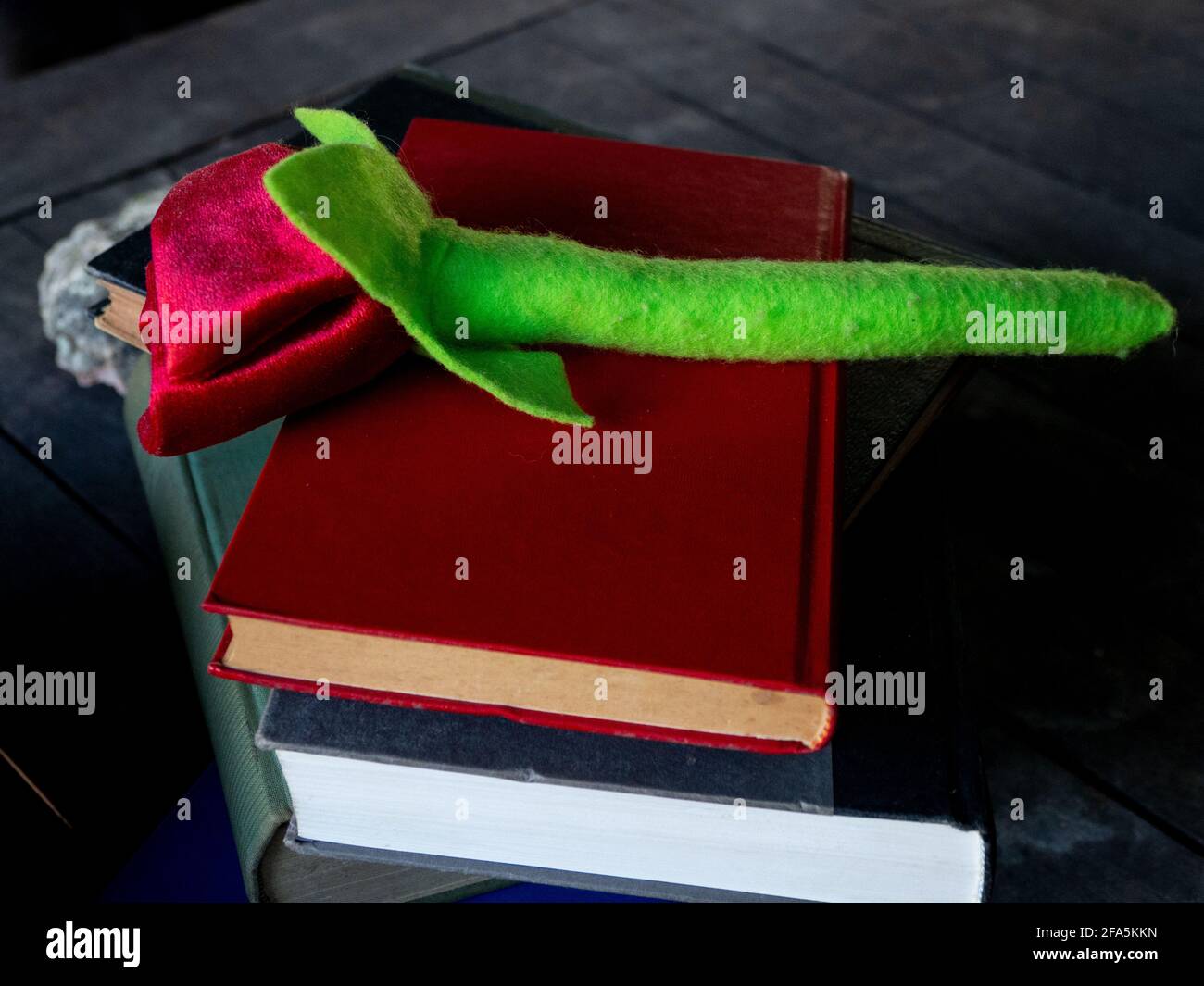 Eine Rose auf einem Stapel von Büchern und Eine Schreibmaschine Stockfoto