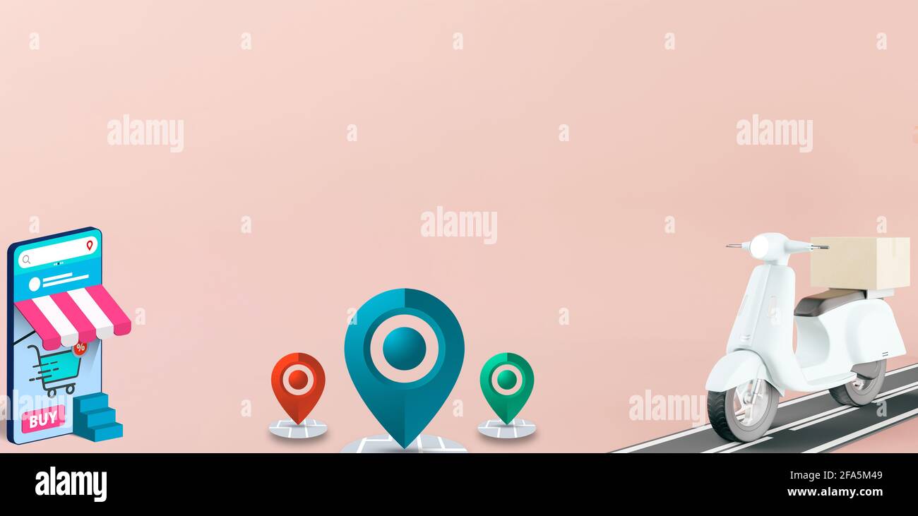 E-Commerce-Konzept. Lieferung Roller, Standort-Symbol und 3d-Telefon,  isoliert auf rosa Hintergrund. 3d-Rendering Stockfotografie - Alamy