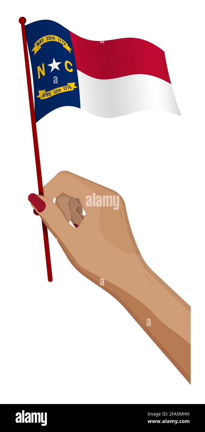 Die weibliche Hand hält sanft die kleine Flagge des amerikanischen Bundesstaates North Carolina. Design-Element für den Urlaub. Cartoon-Vektor auf weißem Hintergrund Stock Vektor