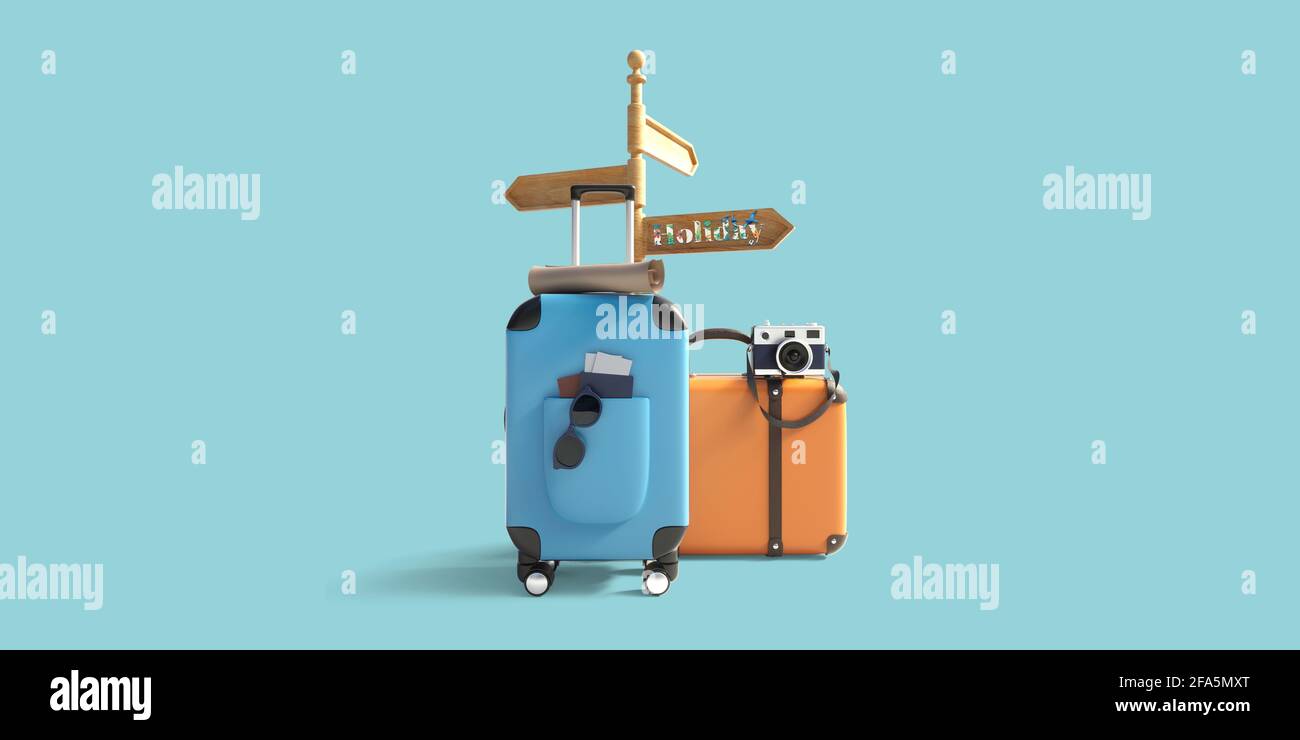 Urlaubs- und Reisekonzept. Blauer und orangefarbener Koffer, Hut und Kamera mit Holzschild auf pastellblauem Hintergrund. 3d-Rendering Stockfoto