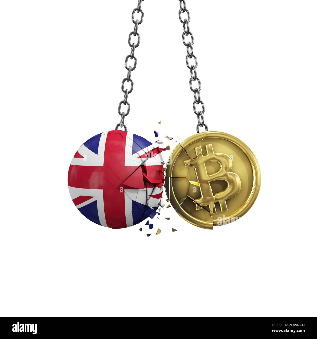 Britische Flagge zerschlägt in eine goldene Bitcoin-Krypto-Münze. 3D-Rendering Stockfoto