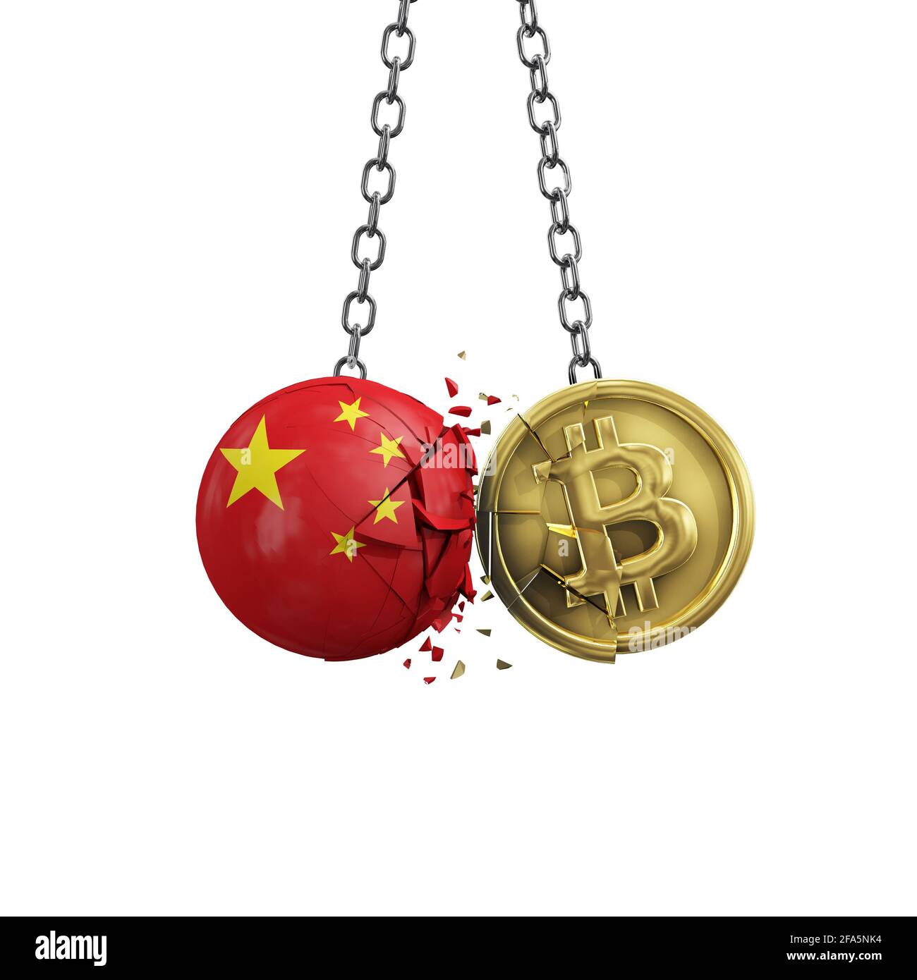 China Flagge zerschlagen in eine goldene Bitcoin Krypto-Münze. 3D-Rendering Stockfoto