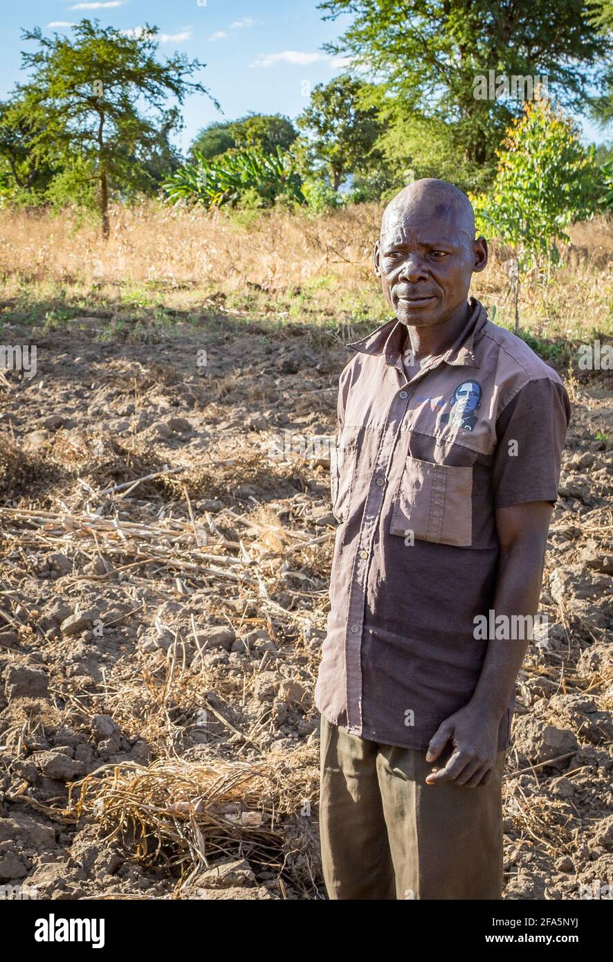 Landwirt in Malawi steht neben seinem schützenden Landwirtschaftsfeld Stockfoto