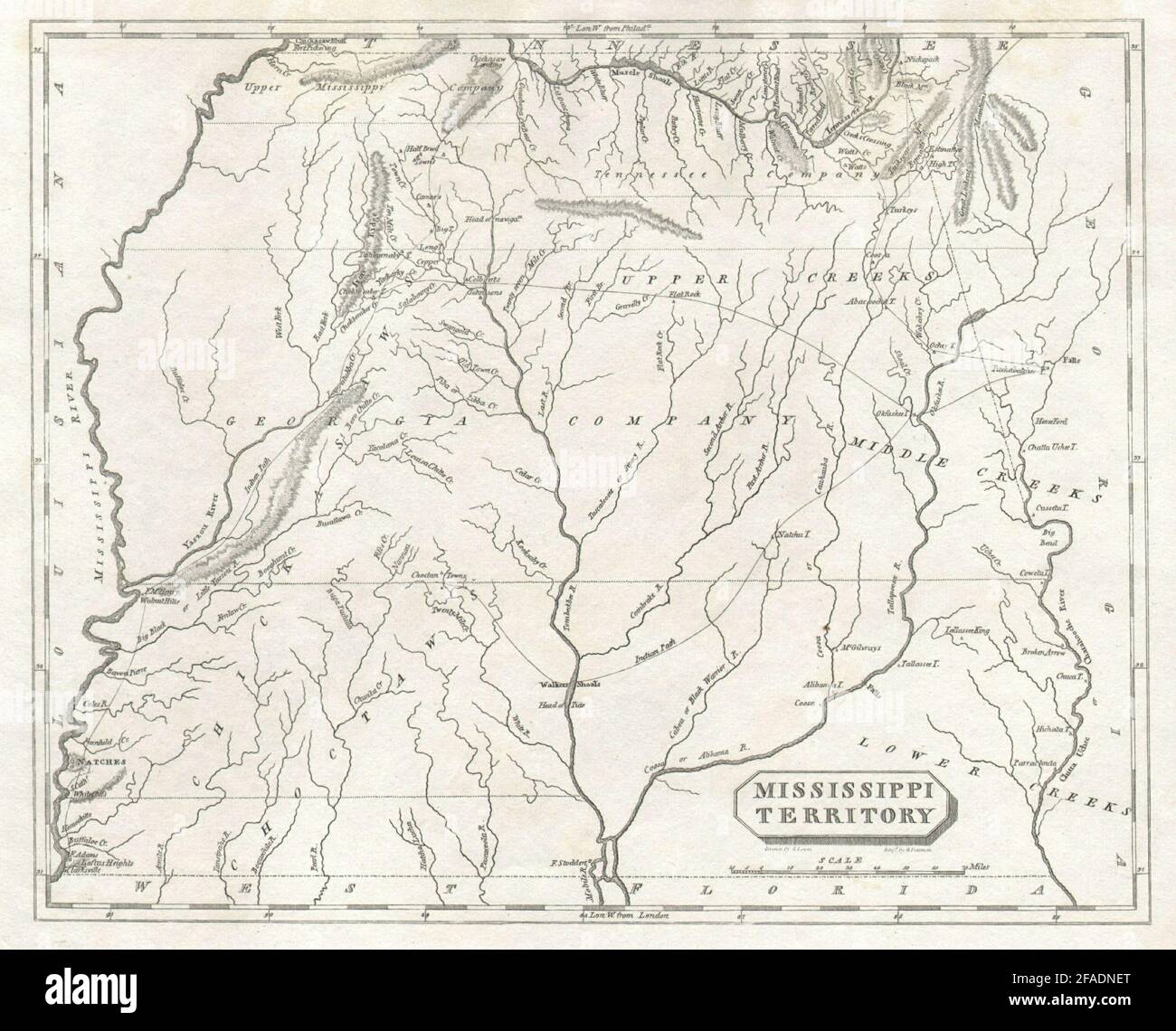 Karte des Mississippi Territory von Arrowsmith & Lewis. Alabama. Tribal Lands 1812 Stockfoto