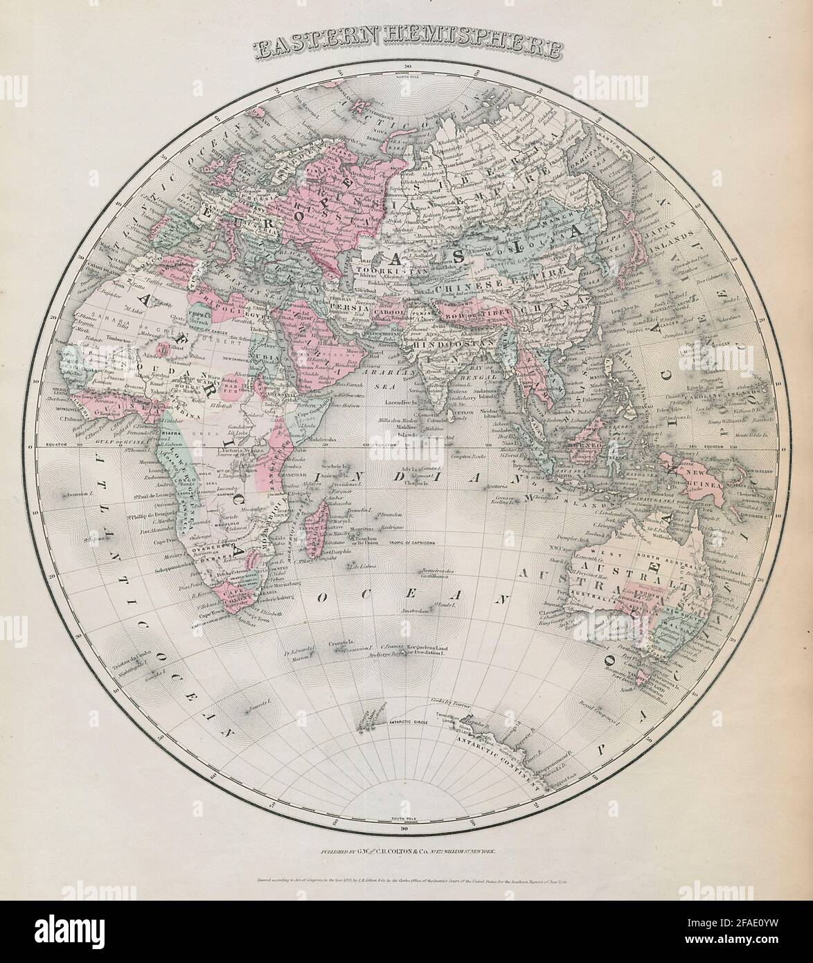 Östliche Hewest- Und Osthalle. Asien Afrika Europa Australasien. Antike Landkarte. COLTON 1869 Stockfoto