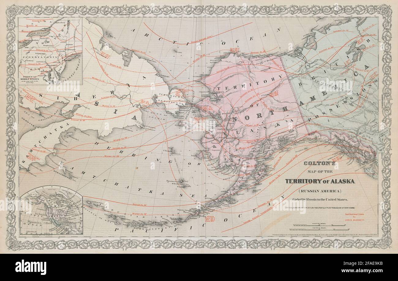 Territorium von Alaska, das von Russland an die Vereinigten Staaten abgetreten wurde. COLTON 1869 alte Karte Stockfoto