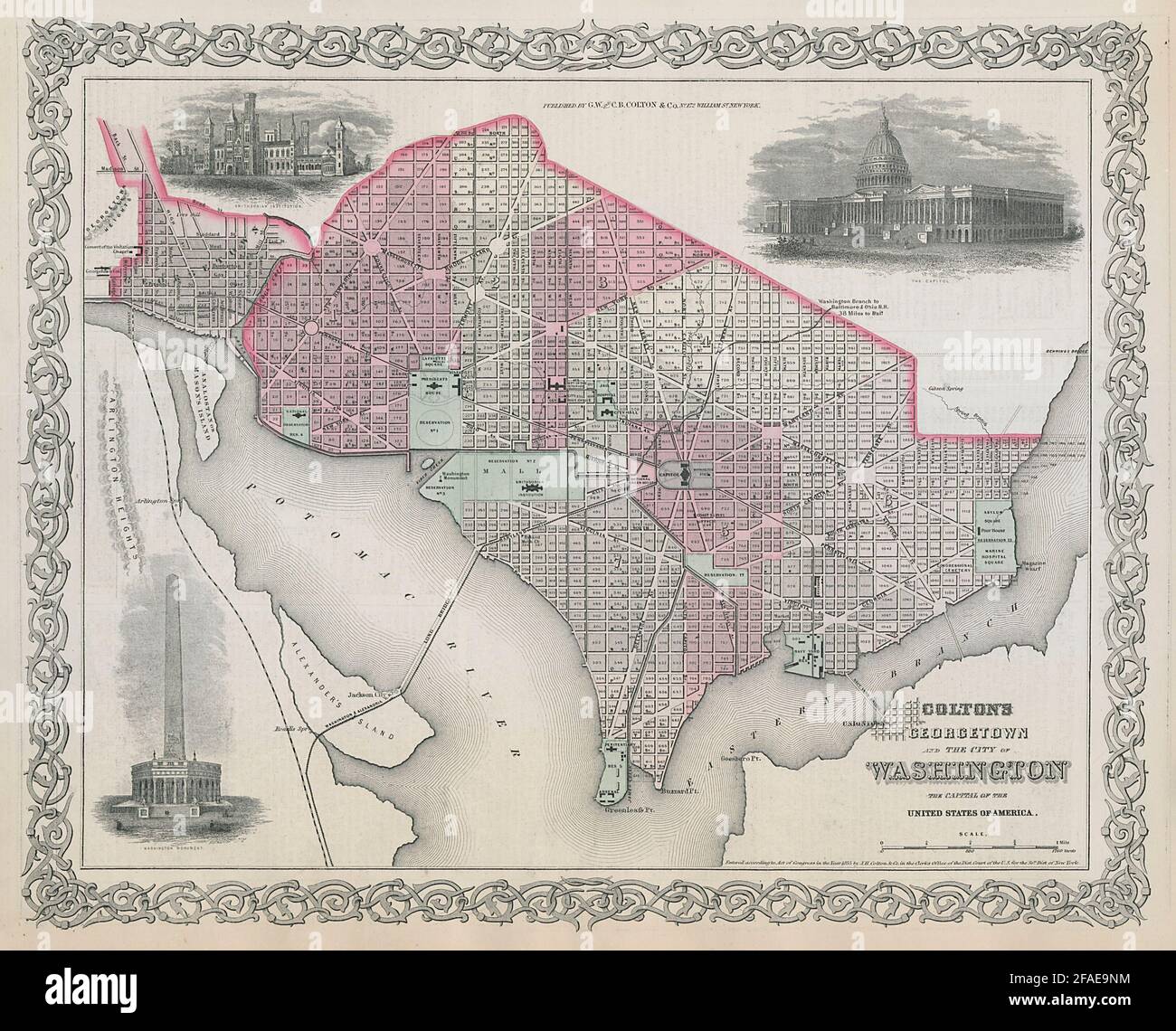 Georgetown und die Stadt Washington. Stadtplan von Washington DC. COLTON 1869-Karte Stockfoto