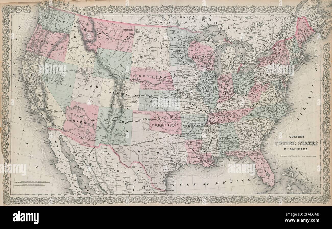 Colton's Vereinigte Staaten von Amerika. Dakota und Wyoming fusionierten. Eisenbahnlinien 1869 Karte Stockfoto