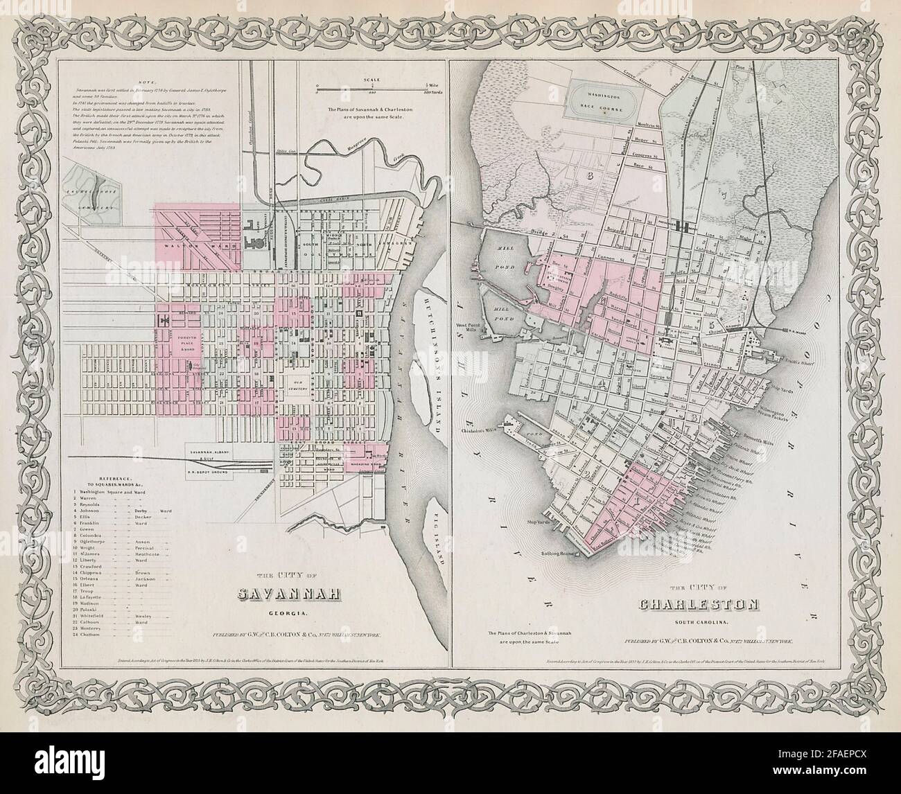 Savannah, Georgia & Charleston, South Carolina Antiker Stadtplan COLTON 1869 Karte Stockfoto