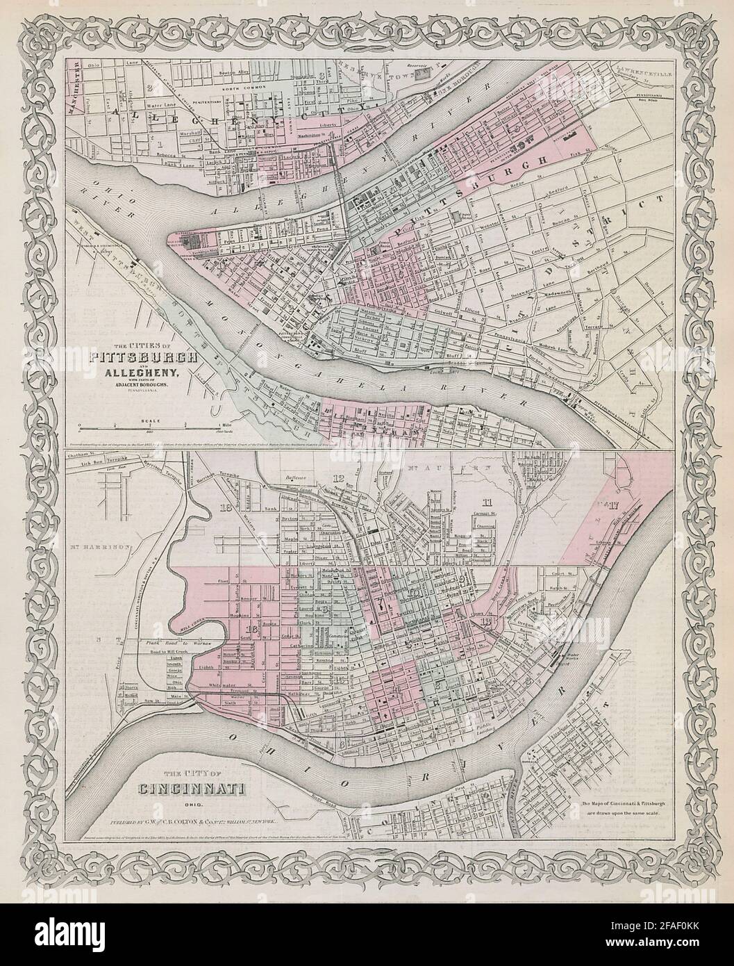 Pittsburgh/Allegheny, Pennsylvania. Cincinnati, Ohio City Plans COLTON 1869 map Stockfoto