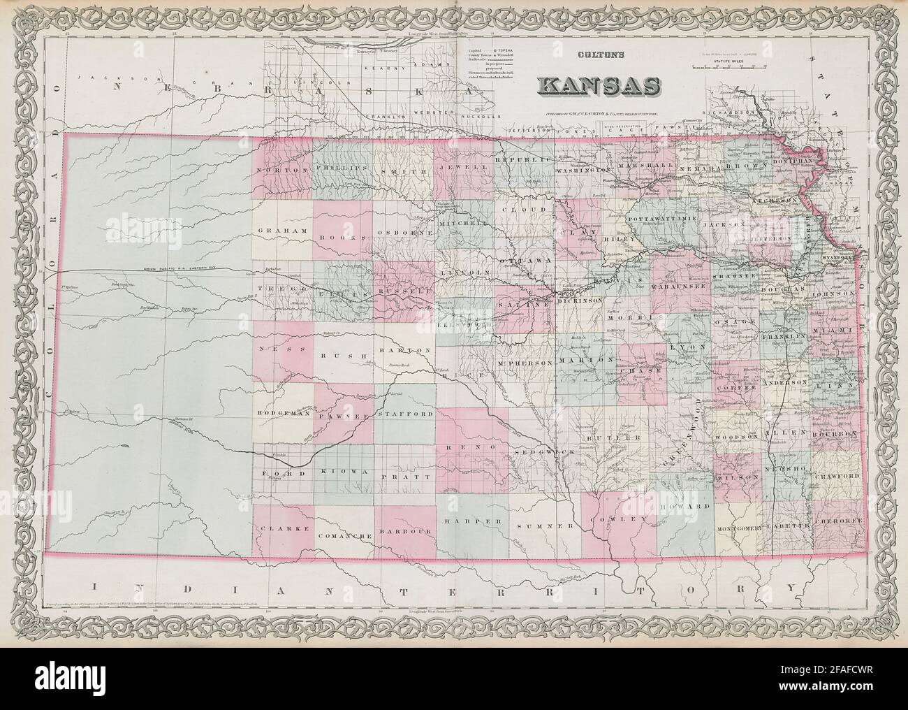 Colton's Kansas. Dekorative antike US-Staatskarte 1869 alte Karte Stockfoto