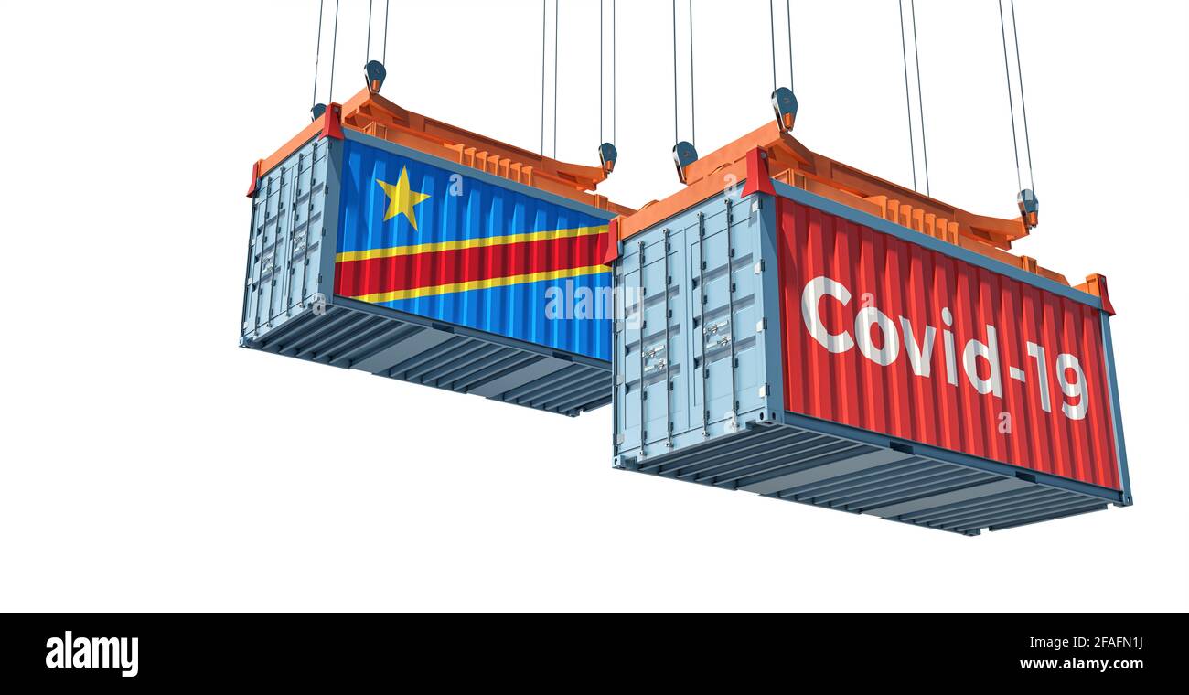 Container mit Coronavirus Covid-19 Text auf der Seite und Container mit Demokratische Republik Kongo Flagge. 3D-Rendering Stockfoto