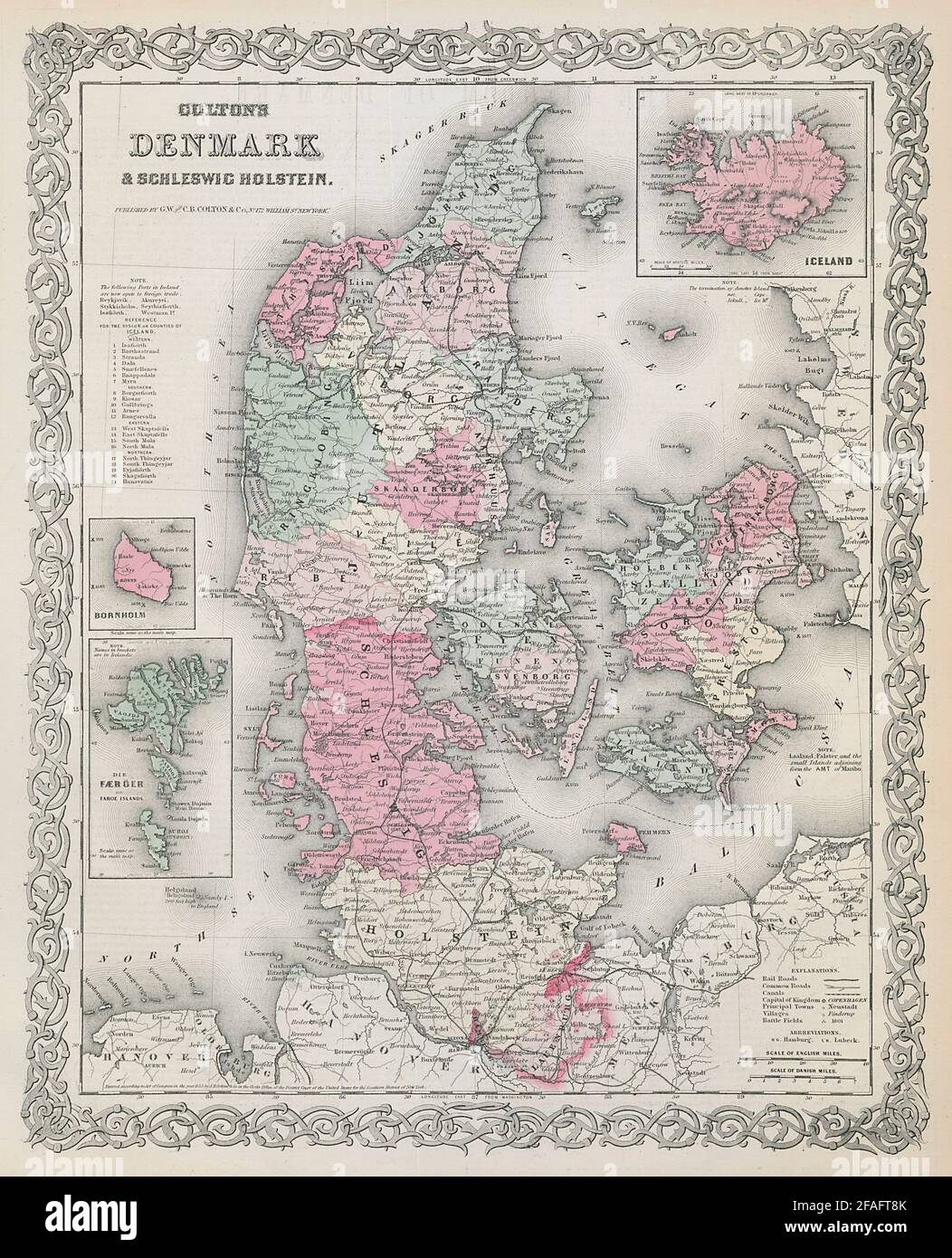 Colton's Dänemark. Island Färöer Inseln Bornholm. Schleswig-Holstein 1869 Karte Stockfoto