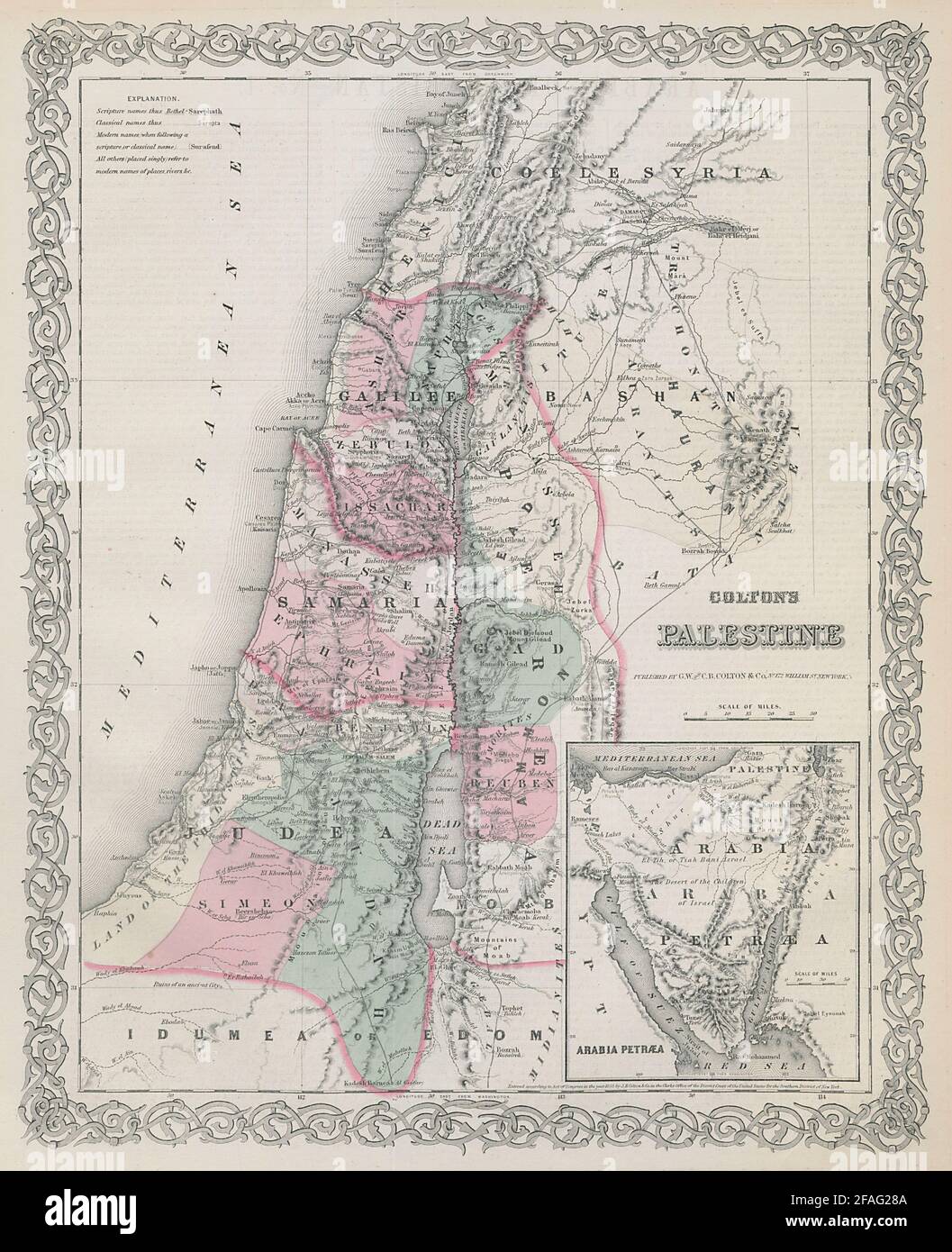 Coltons Palästina. Israel. Biblische klassische und moderne Namen. Sinai 1869-Karte Stockfoto