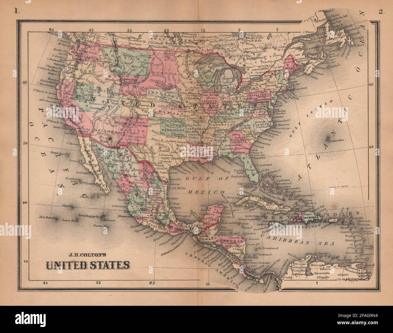 Die Vereinigten Staaten von J. H. Colton. Wyoming an Dakota 1864 alte antike Landkarte angeschlossen Stockfoto