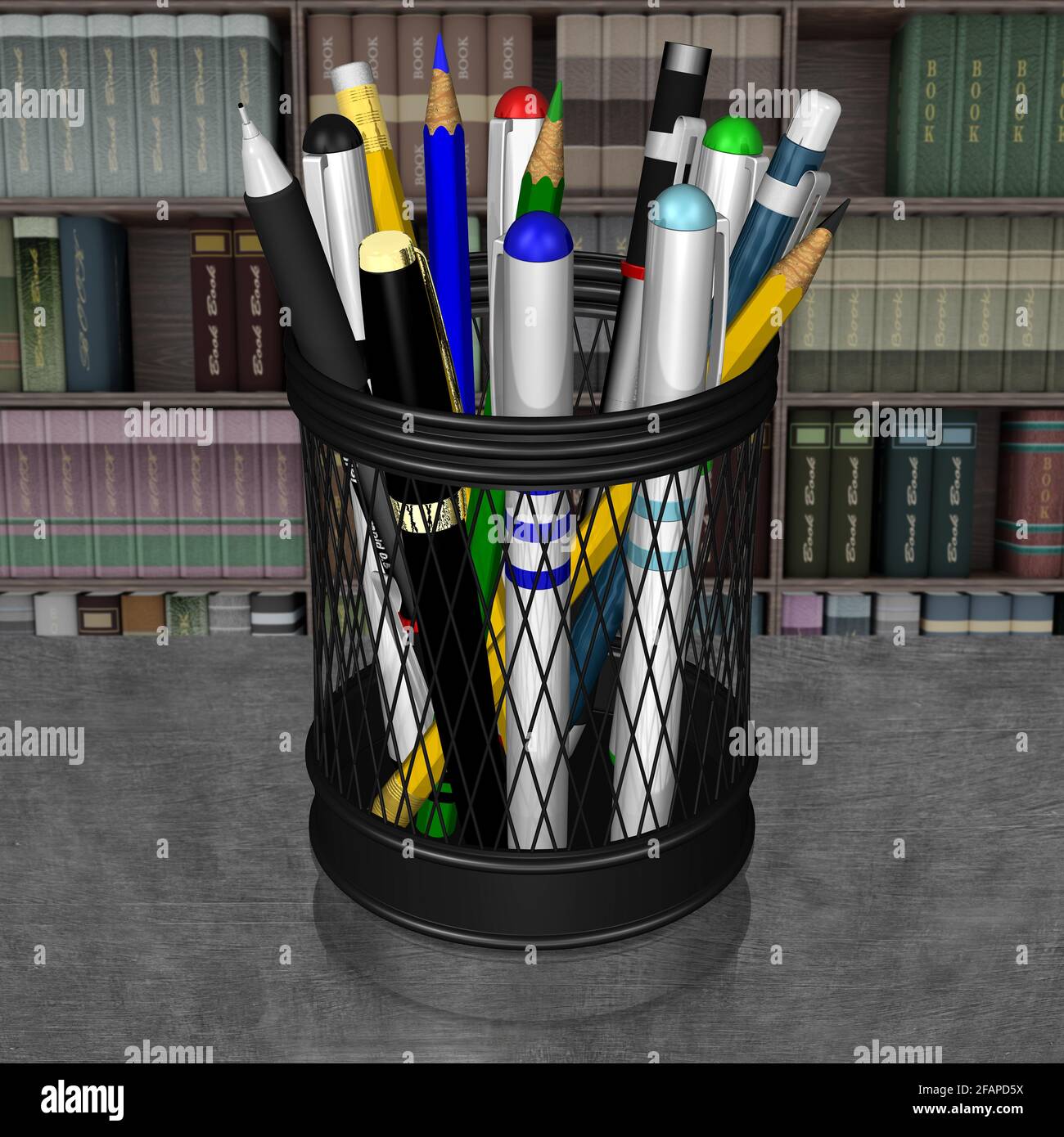 3d-Illustration . Stifthalter und Stifte isoliert auf dem Schreibtisch Stockfoto