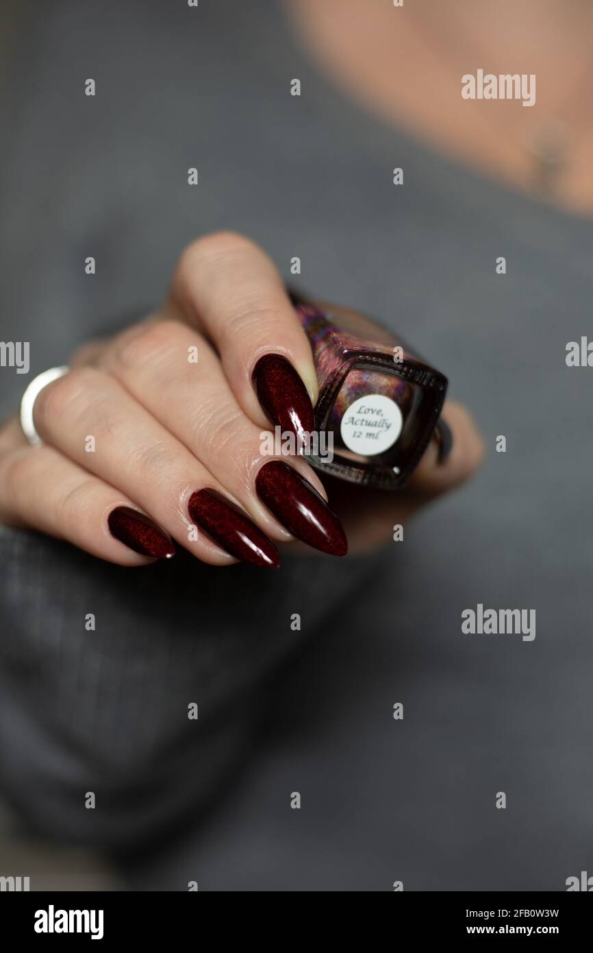 Frau Hand mit langen Nägeln und eine Flasche dunkel Nagellack rot  burgunderrot Stockfotografie - Alamy