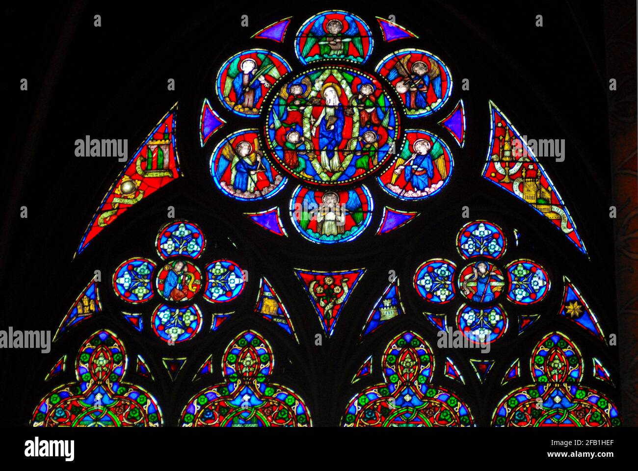 Kathedrale Notre-Dame de Paris Buntglasfenster vor dem Feuer, Frankreich (2008) Stockfoto