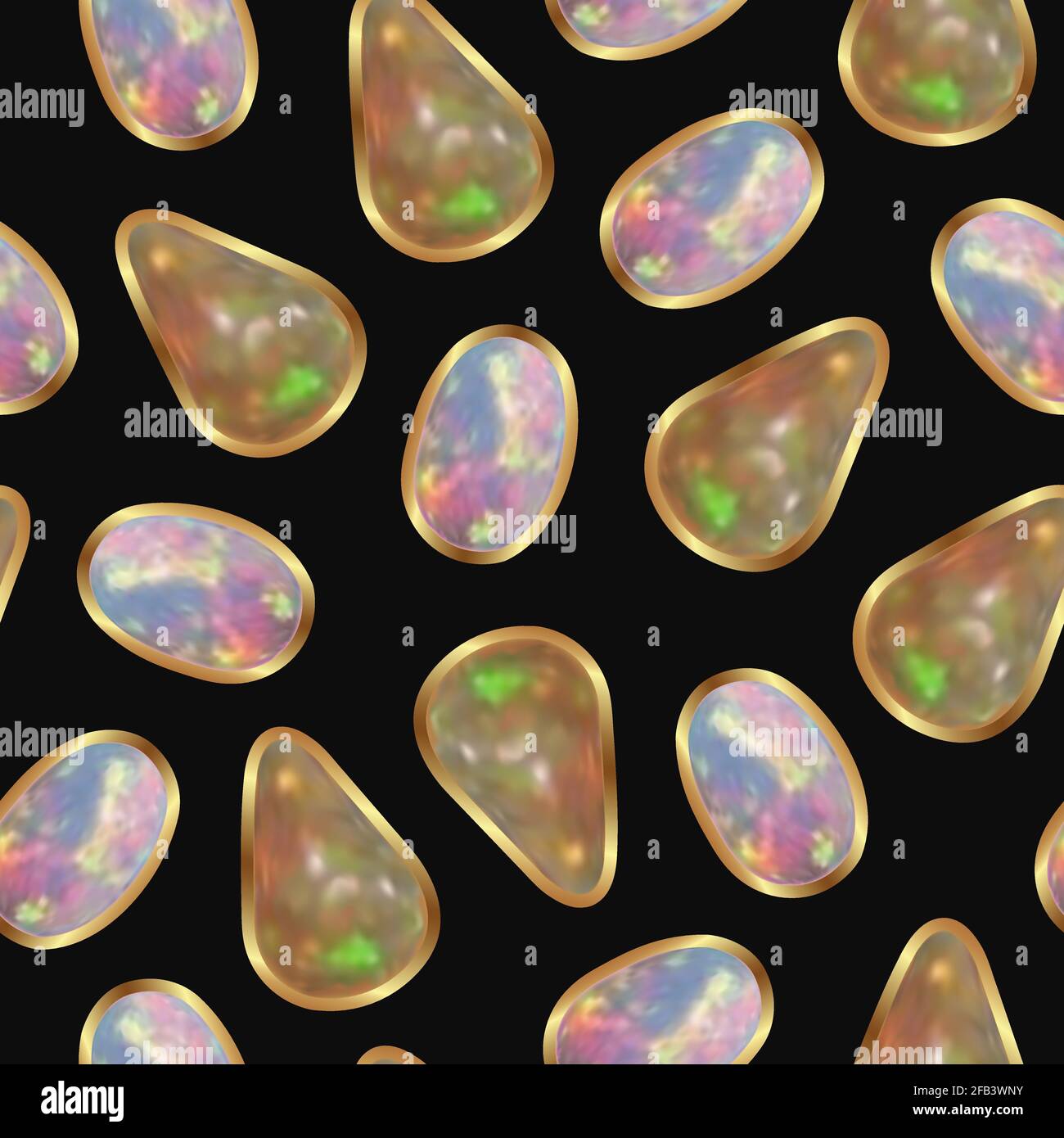 Edelsteine in einer goldenen Fassung auf schwarzem Hintergrund. Nahtloses Vektormuster aus Smaragden und Opalen mit Gold auf dunklem Hintergrund. Für die Gestaltung von Stoff Stock Vektor