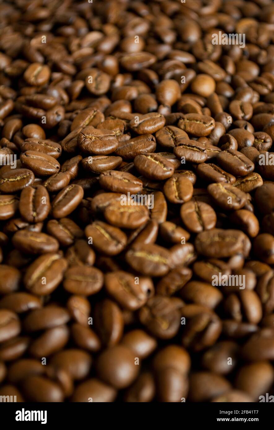 Geröstete Kaffeebohnen mit Backgroud-Textur Stockfoto