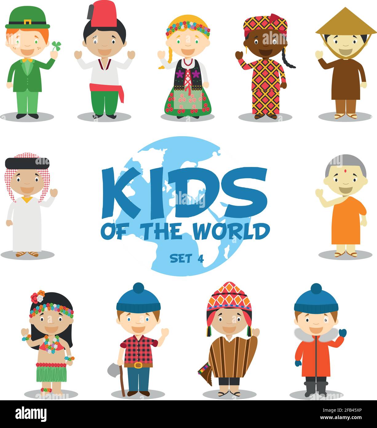 Kids of the World Vektor-Illustration: Nationalitäten Set 4. Set von 11 Figuren in verschiedenen nationalen Kostümen (Irland, Türkei, Polen, Mali Stock Vektor