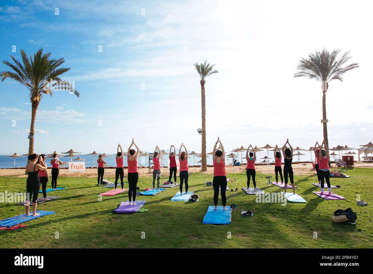 Eine Gruppe von Touristen, die im Hotel Yoga im Freien machen Stockfoto