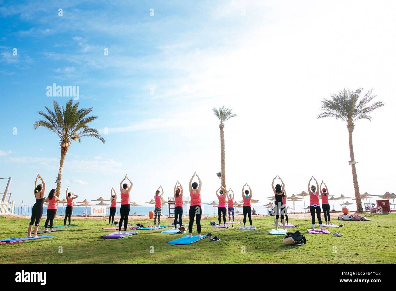 Eine Gruppe von Touristen, die im Hotel Yoga im Freien machen Stockfoto