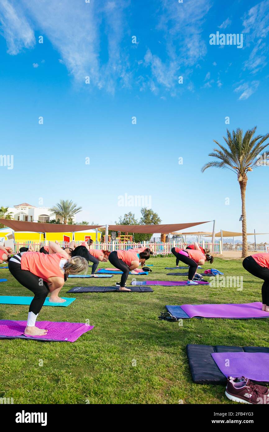 Eine Gruppe von Touristen, die im Hotel Yoga im Freien machen Stockfoto