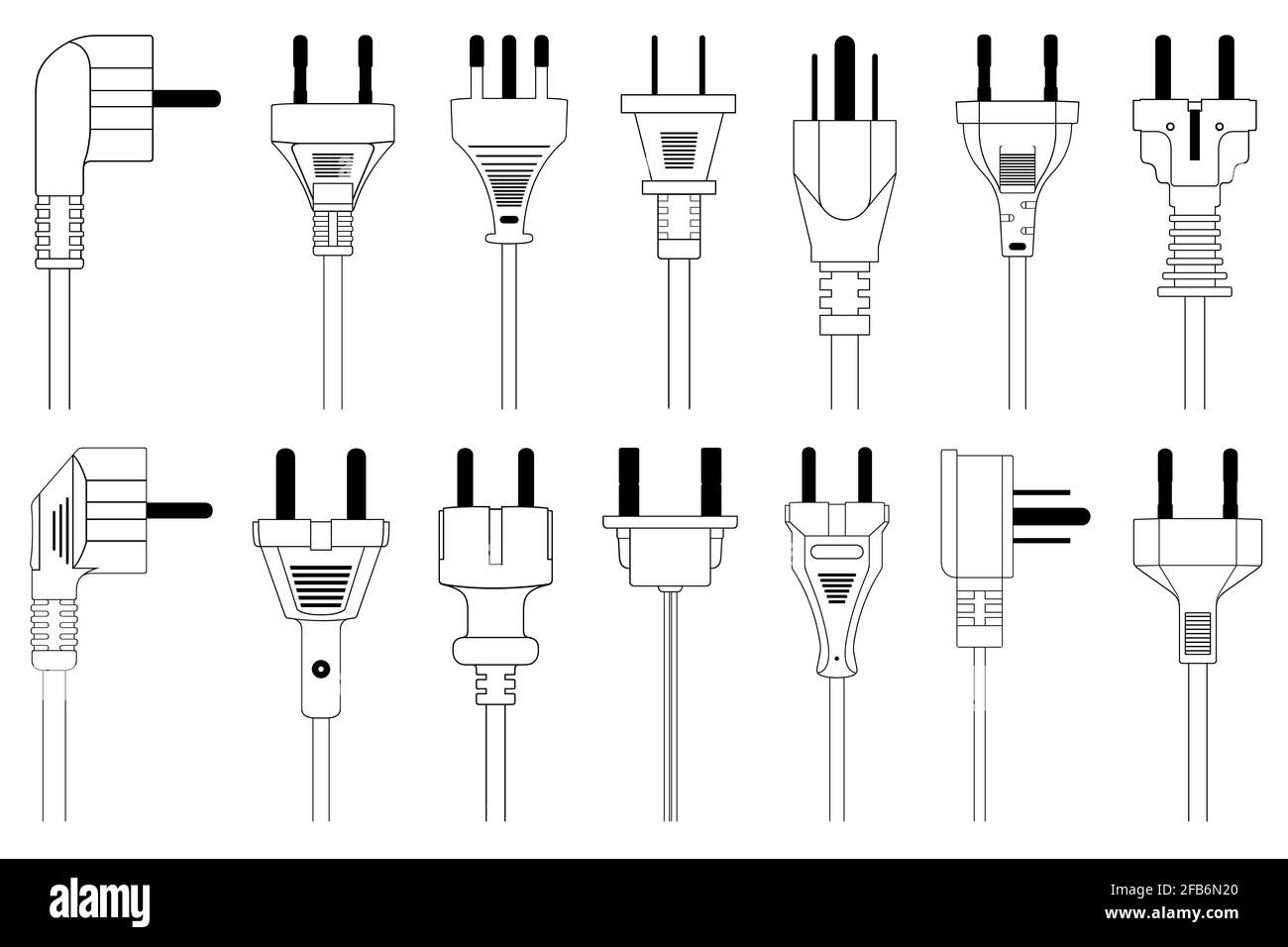 Abbildung verschiedener Stecker auf Weiß isoliert Stockfoto