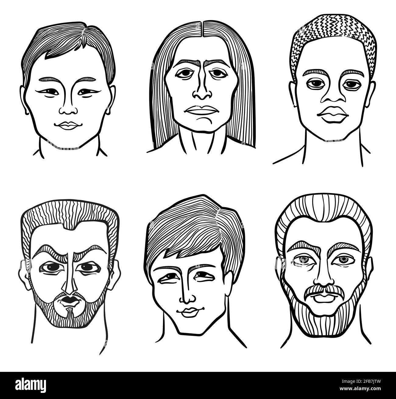 Sechs männliche Gesichter unterschiedlicher Erscheinungsformen. Lineare Schwarz-Weiß-Porträts Stock Vektor