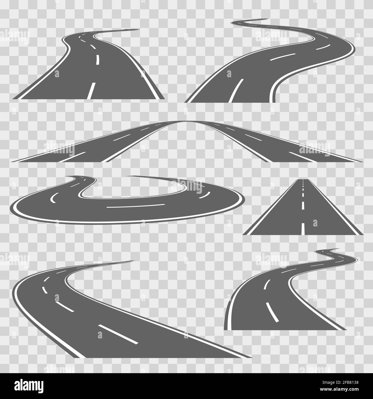 Kurvenreiche kurvenreiche Straße oder Autobahn mit Markierungen. Richtung Straße, Kurve Straße, Autobahn Straße, Straßentransport Abbildung. Vektorset Stock Vektor
