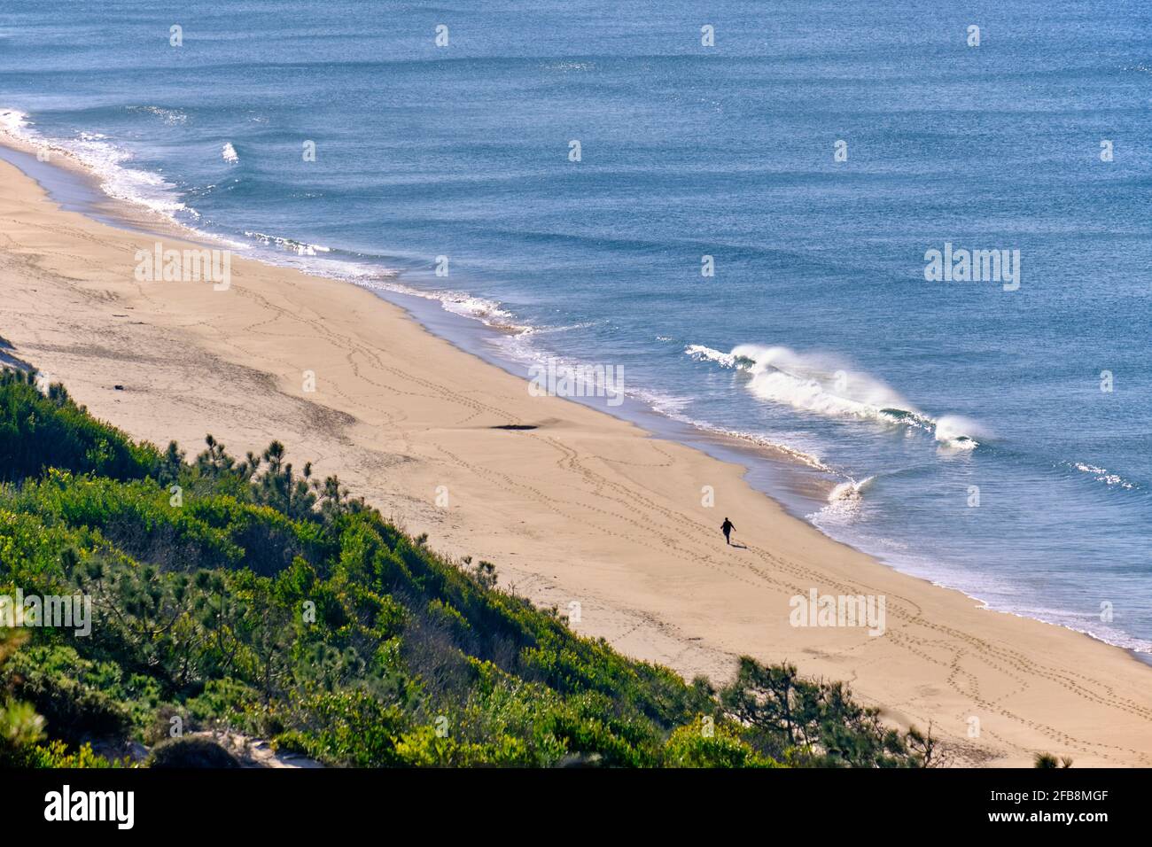 Ruhige Strände entlang der geschützten Landschaft der fossilen Küste der Costa de Caparica. Sesimbra, Portugal Stockfoto