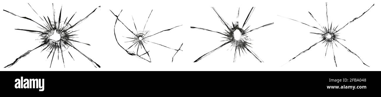 Collage von Texturen mit der Wirkung von zerbrochenem Glas. Abstraktion von Rissen am Fenster. Satz mit 4 Abbildungen auf weißem Hintergrund. Stockfoto