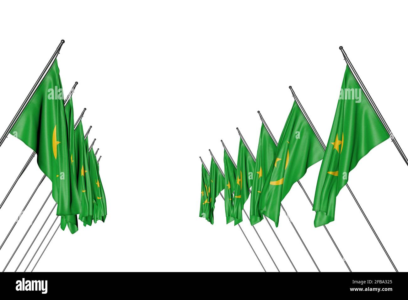 Wunderbar viele Mauretanien Flaggen hängen an diagonalen Masten von links Und rechts auf weiß isoliert - jede Feier Flagge 3d-Illustration Stockfoto