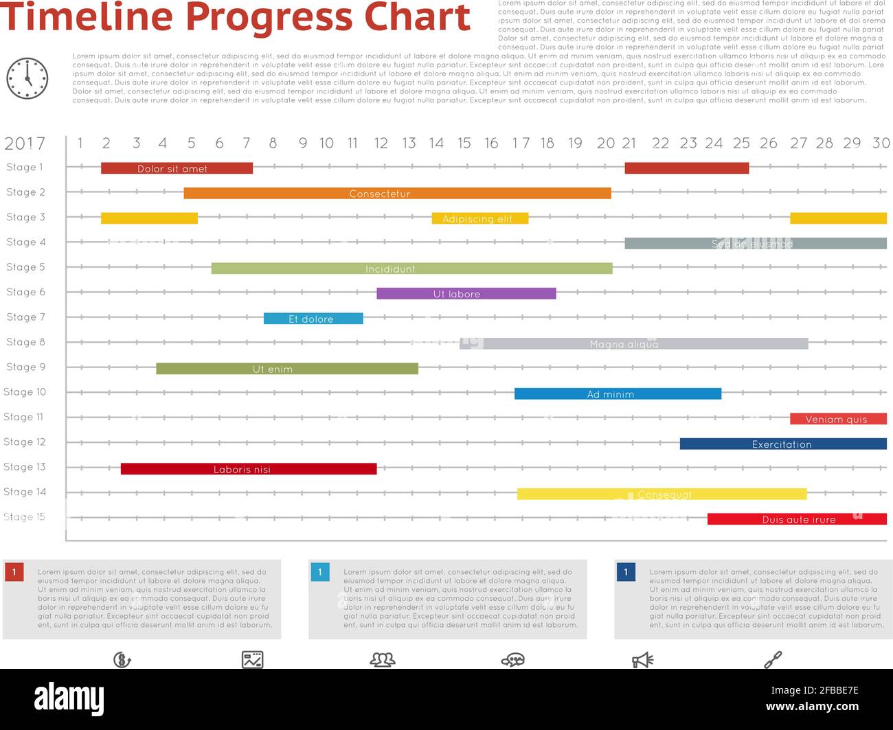 Vektor-Timeline-Fortschrittsdiagramm, gantt-Diagramm des Projekts. Gantt-Plandiagramm und Zeitleiste mit Ganttchart-Darstellung Stock Vektor