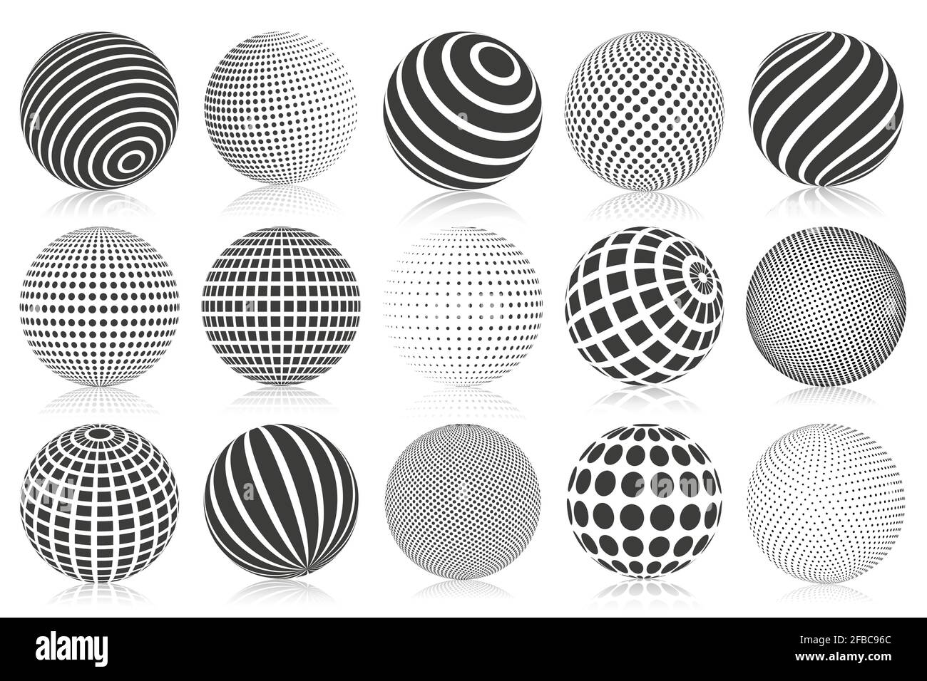 Gepunktete Halbton-3d-Kugel. Gestreifte, gepunktete und karierte 3d-Kugeln, abstrakte Kugeln. Minimalistische Halbton-sphärische isolierte Vektorsymbole Stock Vektor