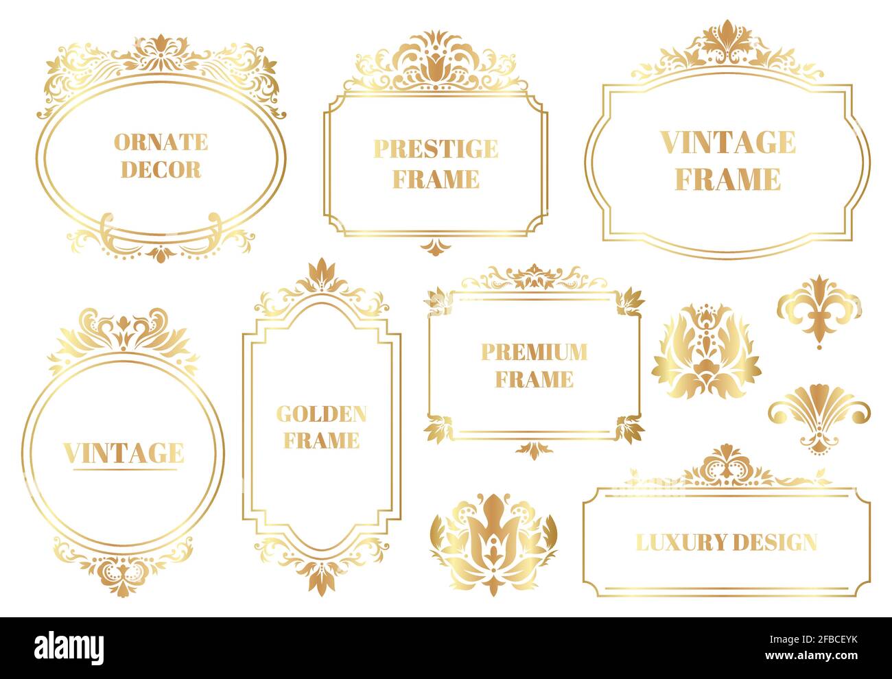 Zierrahmen aus Damast. Antike barocke florale goldene Rahmen isoliert Vektor Illustration Set. Dekorative Vintage-Rahmen aus Damast Stock Vektor