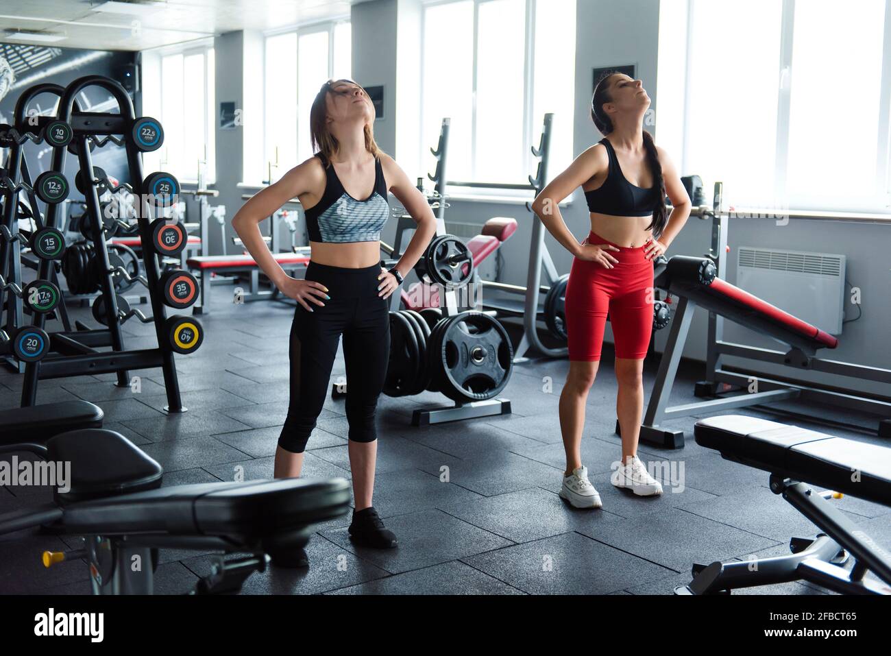 Zwei aktive junge Frauen in Sportbekleidung wärmen sich vor dem Training im  modernen Fitnessstudio auf. Gesunde, beste Freunde trainieren gemeinsam im  Fitnesscenter Stockfotografie - Alamy