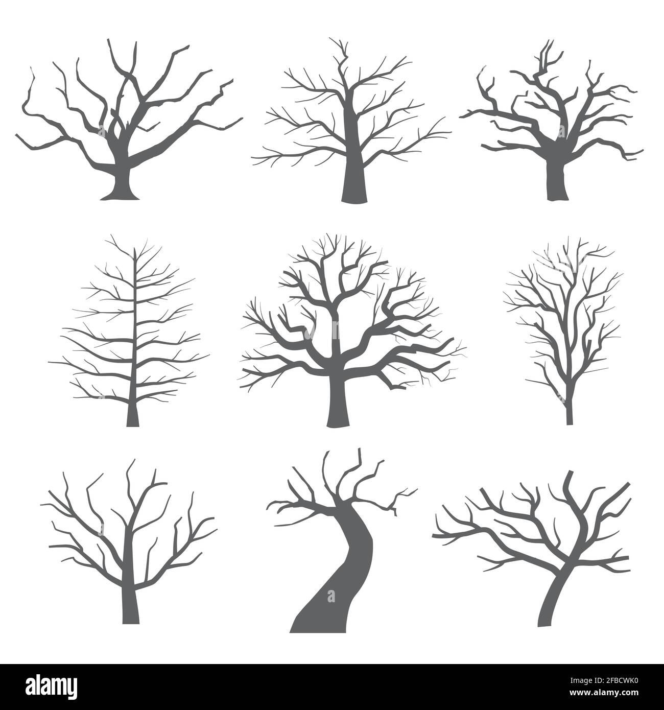 Abgestorbene Baumsilhouetten. Sterbende schwarze beängstigende Bäume Wald Vektor-Illustration. Natürlicher sterbender alter Baum des Satzes Stock Vektor